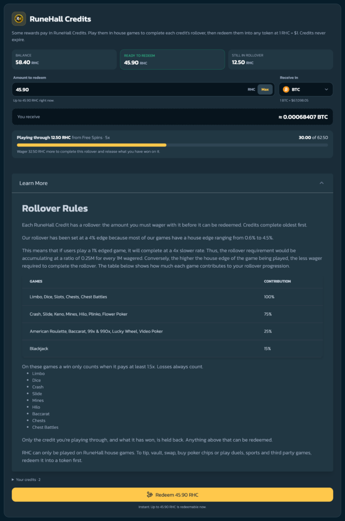 Learn More shows how much each game counts toward your rollover.