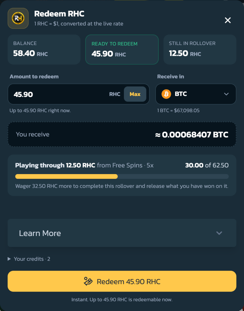 Pick an amount and a token, and see exactly what you'll receive before you redeem.